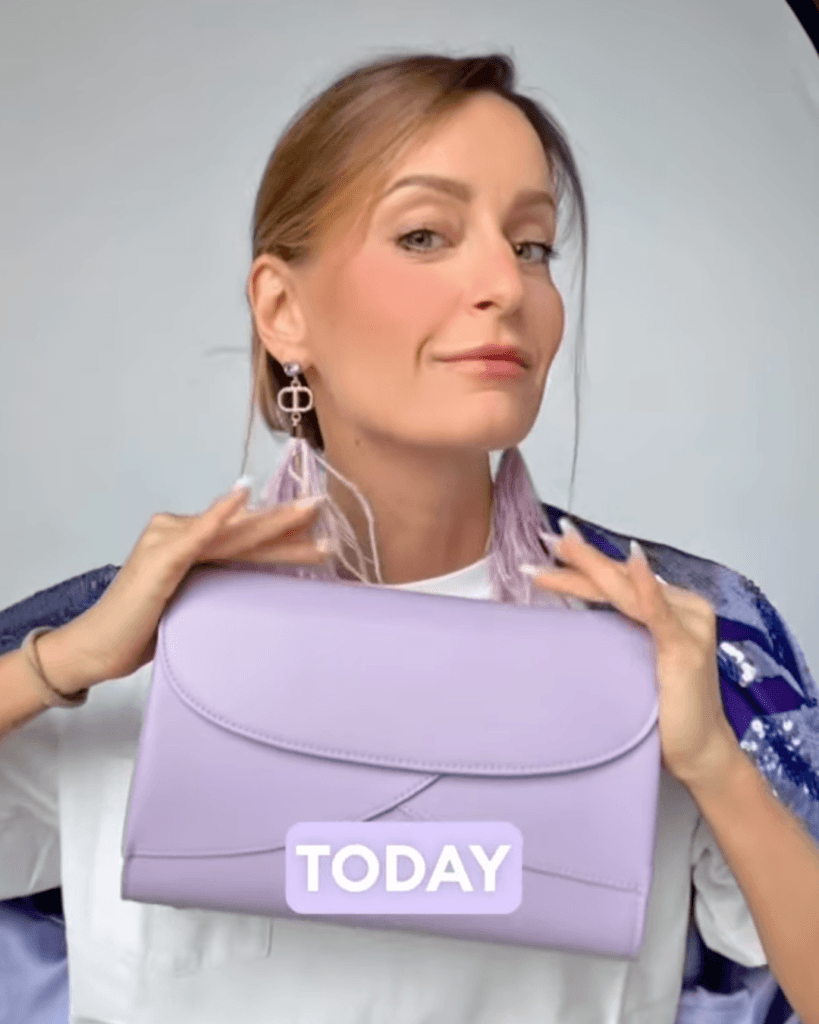 Fashion KOL Emma Gritte showcasing her stunning lilac outfits paired with SOULMATTE Mini Lotus handbag, inspired by lotus flowers! Made from sustainable cactus leather.